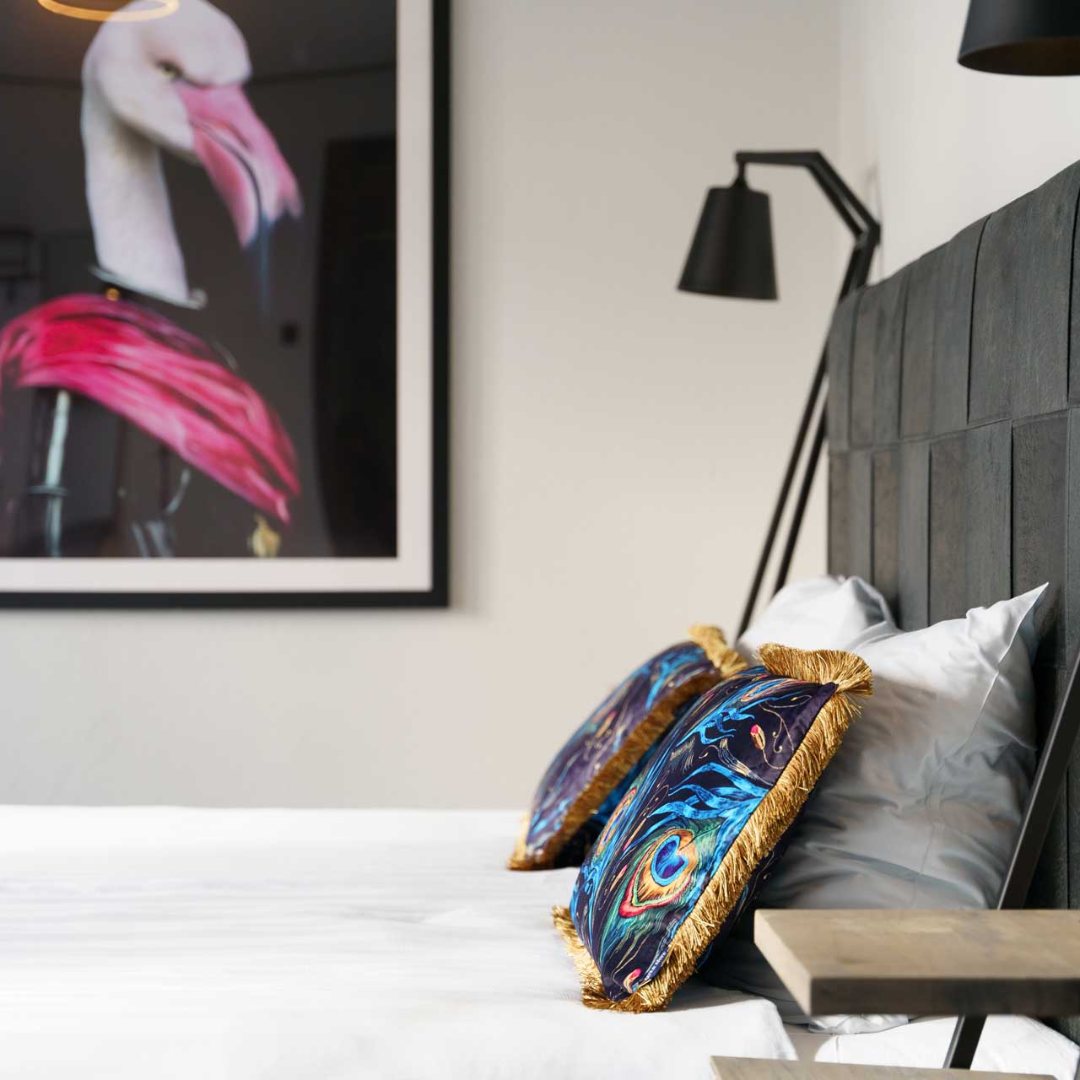 Hotelkamer met kunst en pauwenkussens bij Hotel Pauw in Nijmegen